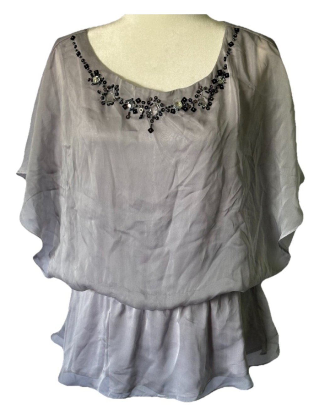 JR Nites Carol Lin 14 Blouse Embellished Beaded Lavender Gray Cape Evening Top